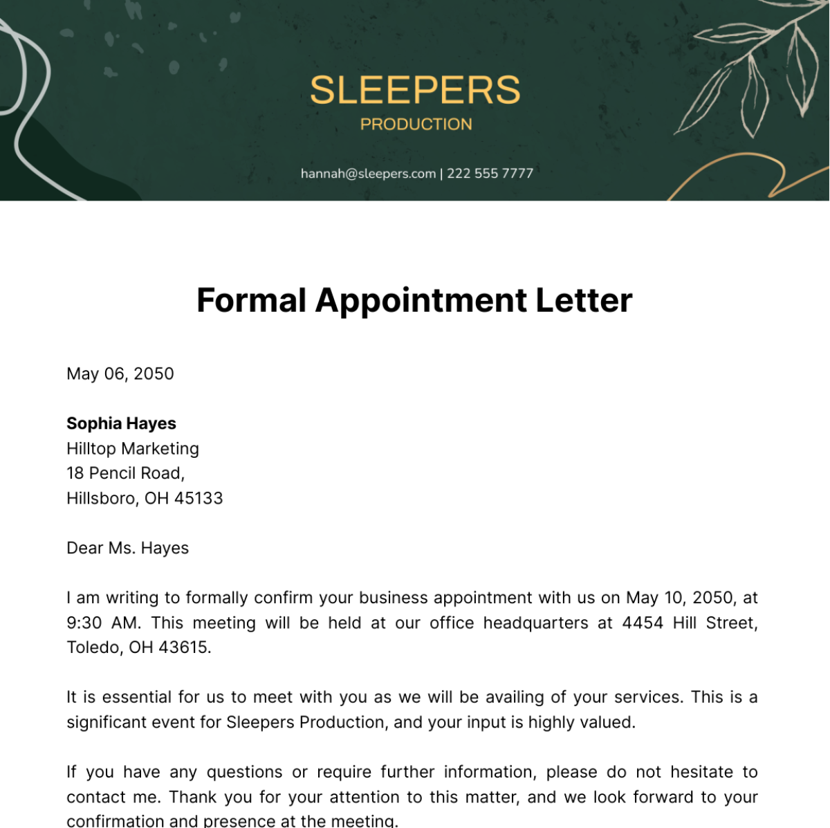 Formal Appointment Letter   Template