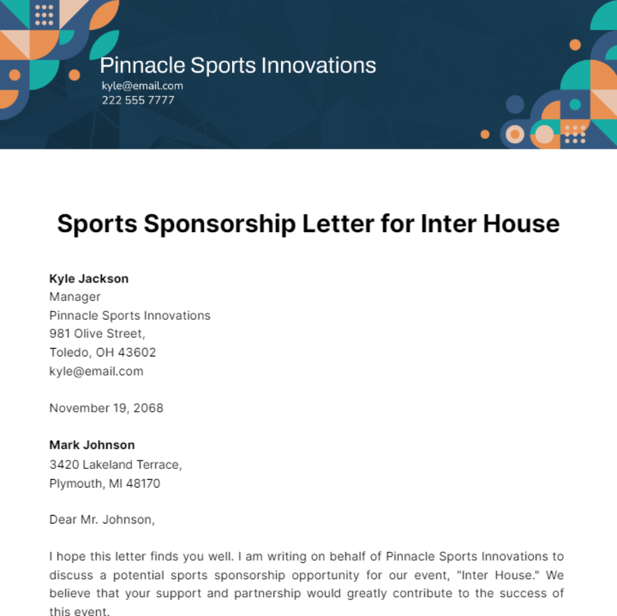 Free Sports Sponsorship Letter for Inter House Template