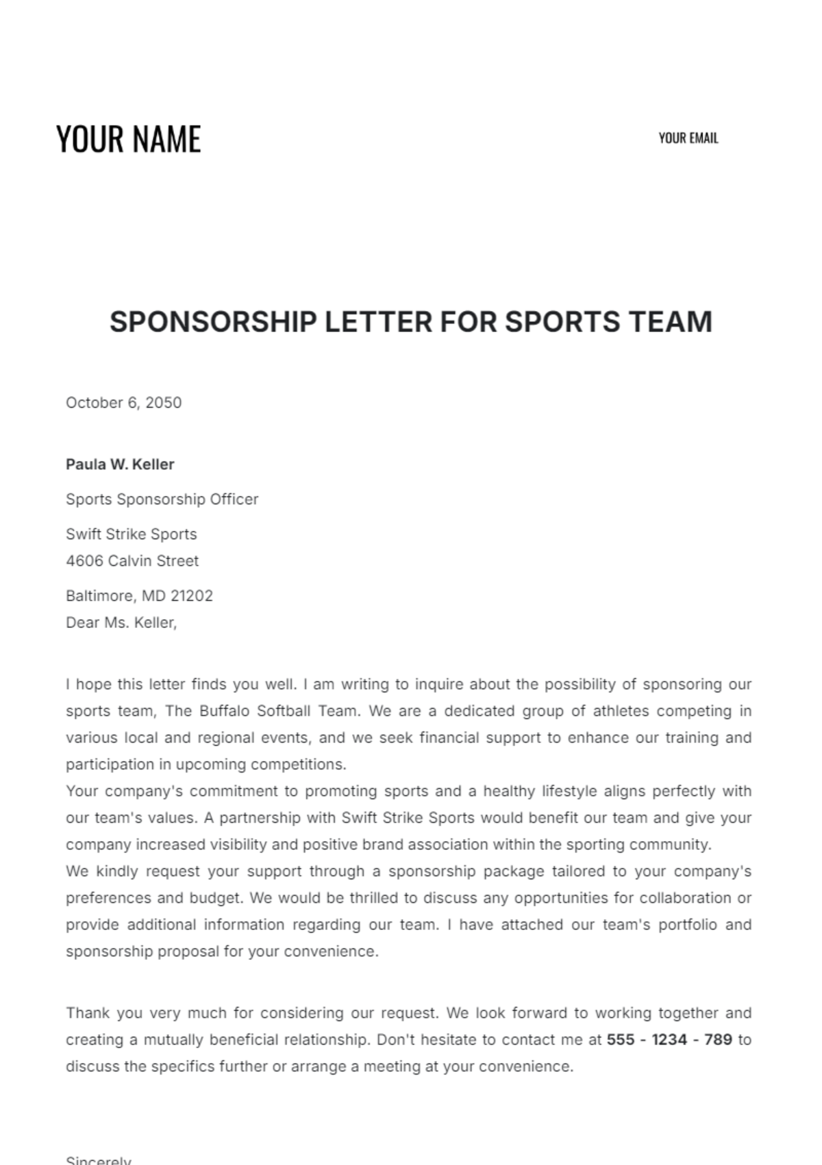 Sponsorship Letter for Sports Team Template