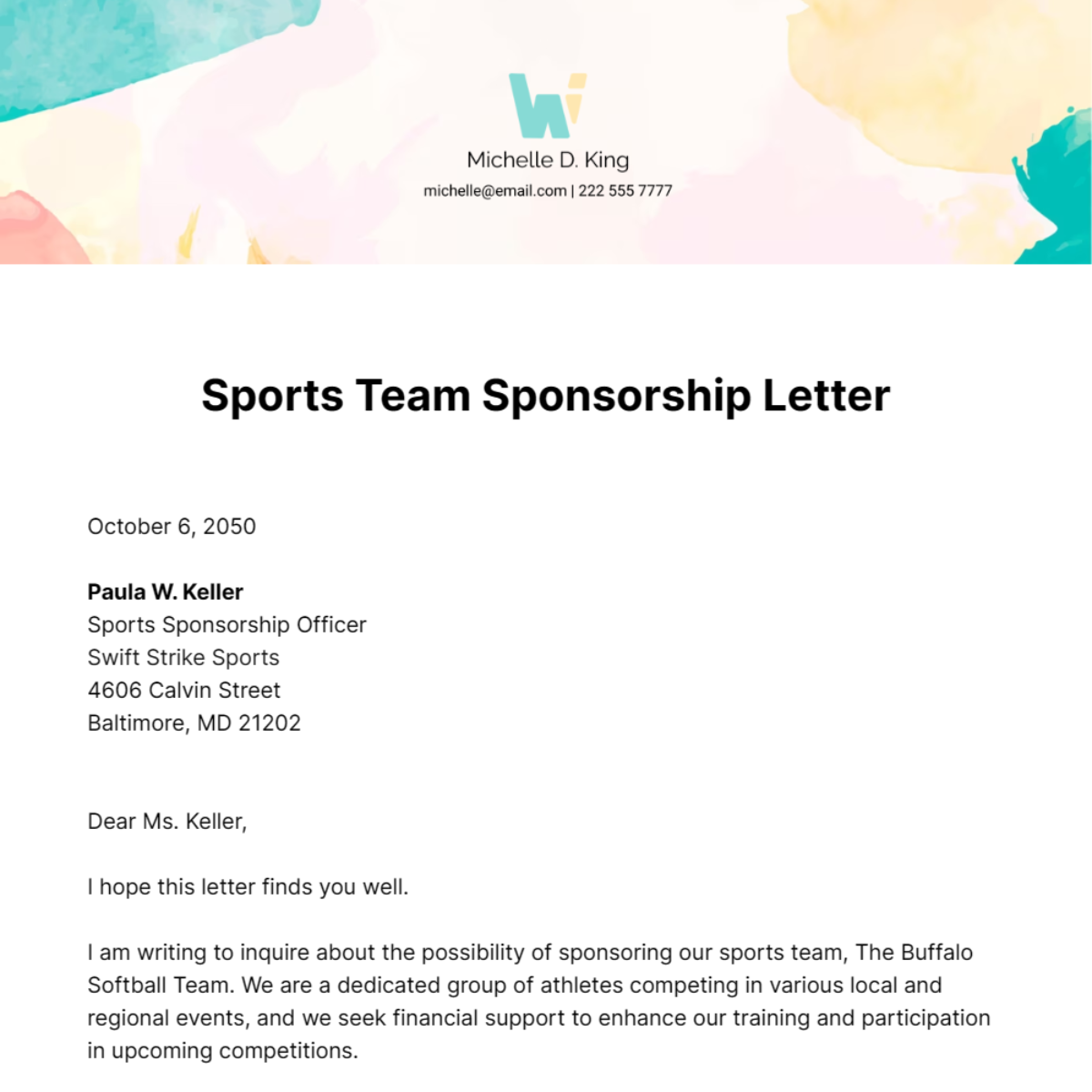 Sponsorship Letter for Sports Team Template