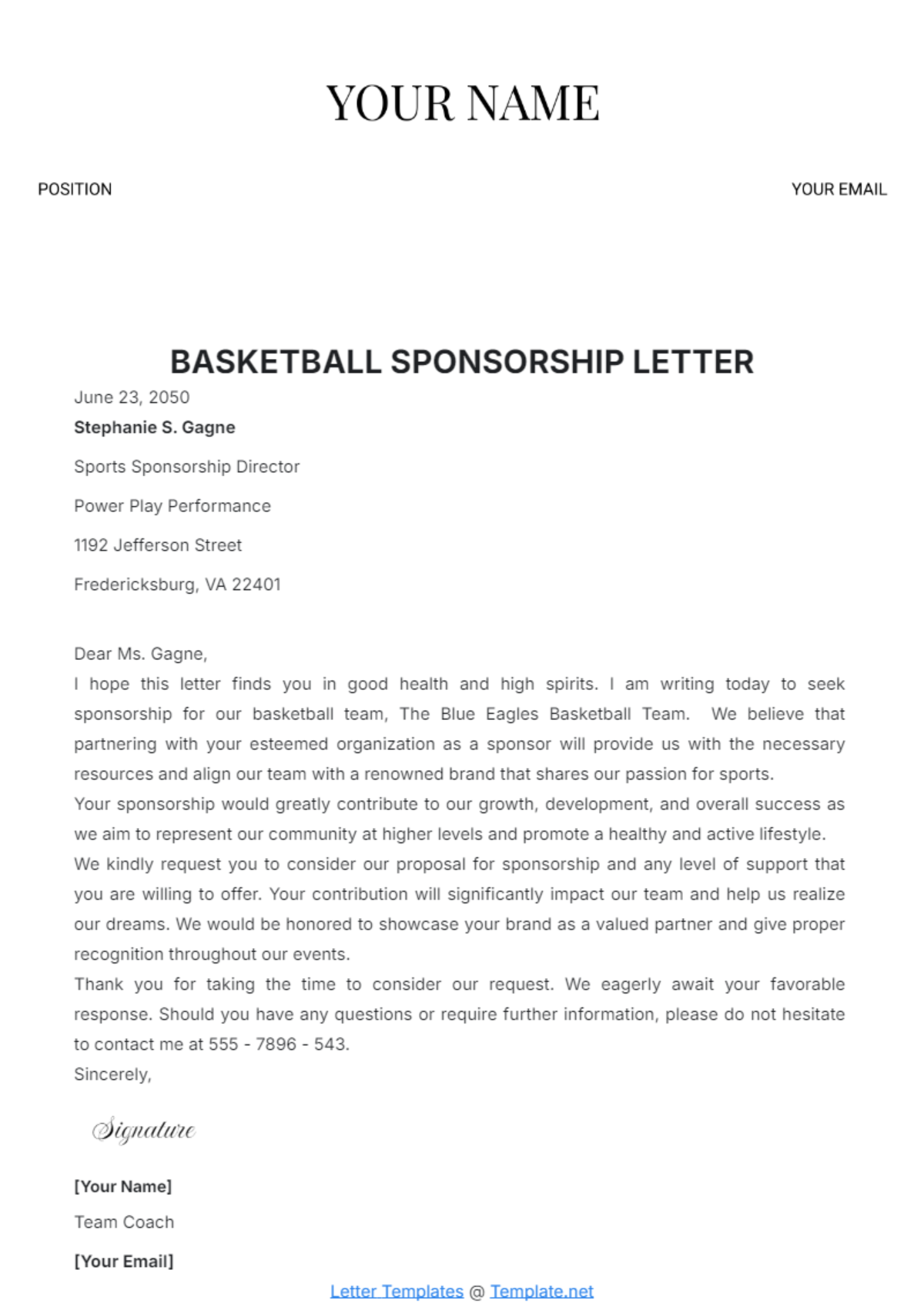 Basketball Sponsorship Letter Template