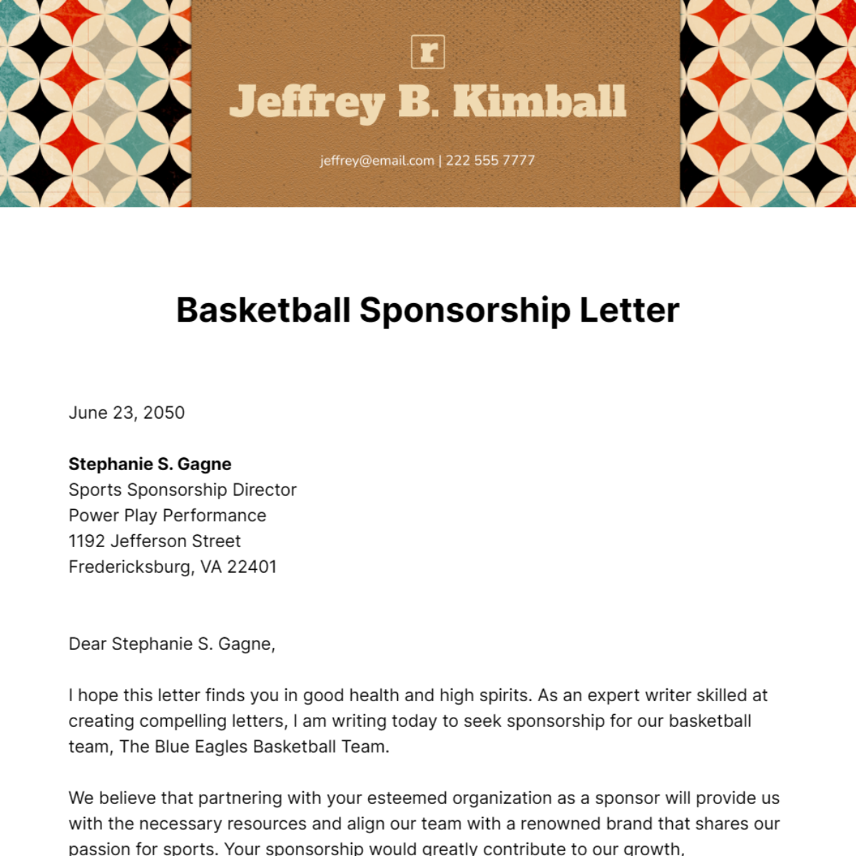 Basketball Sponsorship Letter Template
