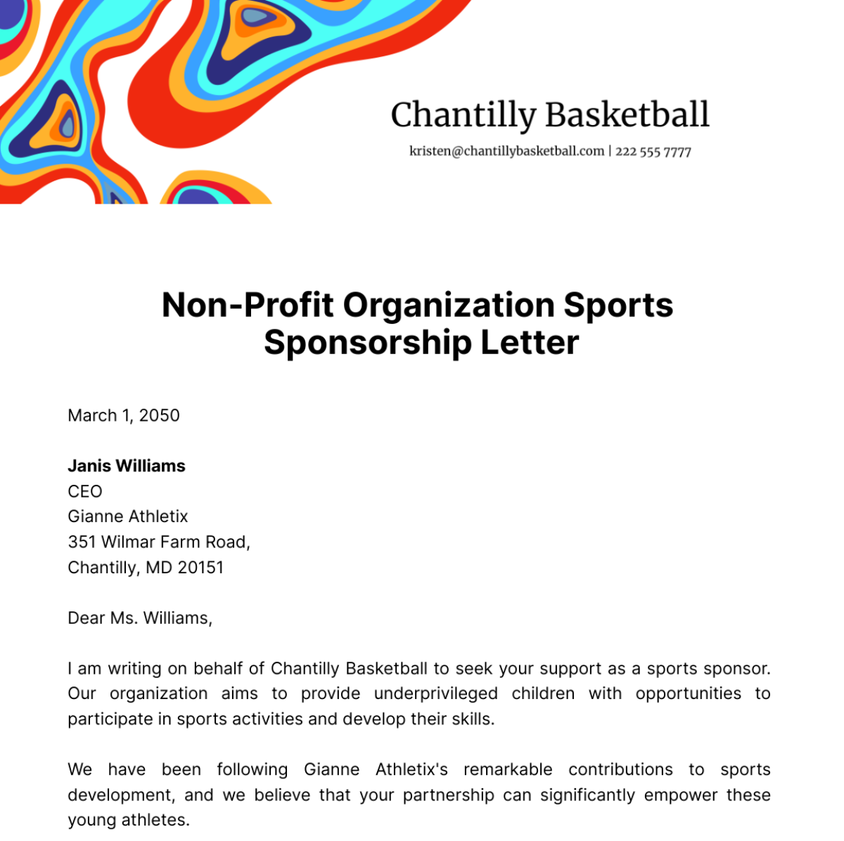 Non Profit Organization Sports Sponsorship Letter Template