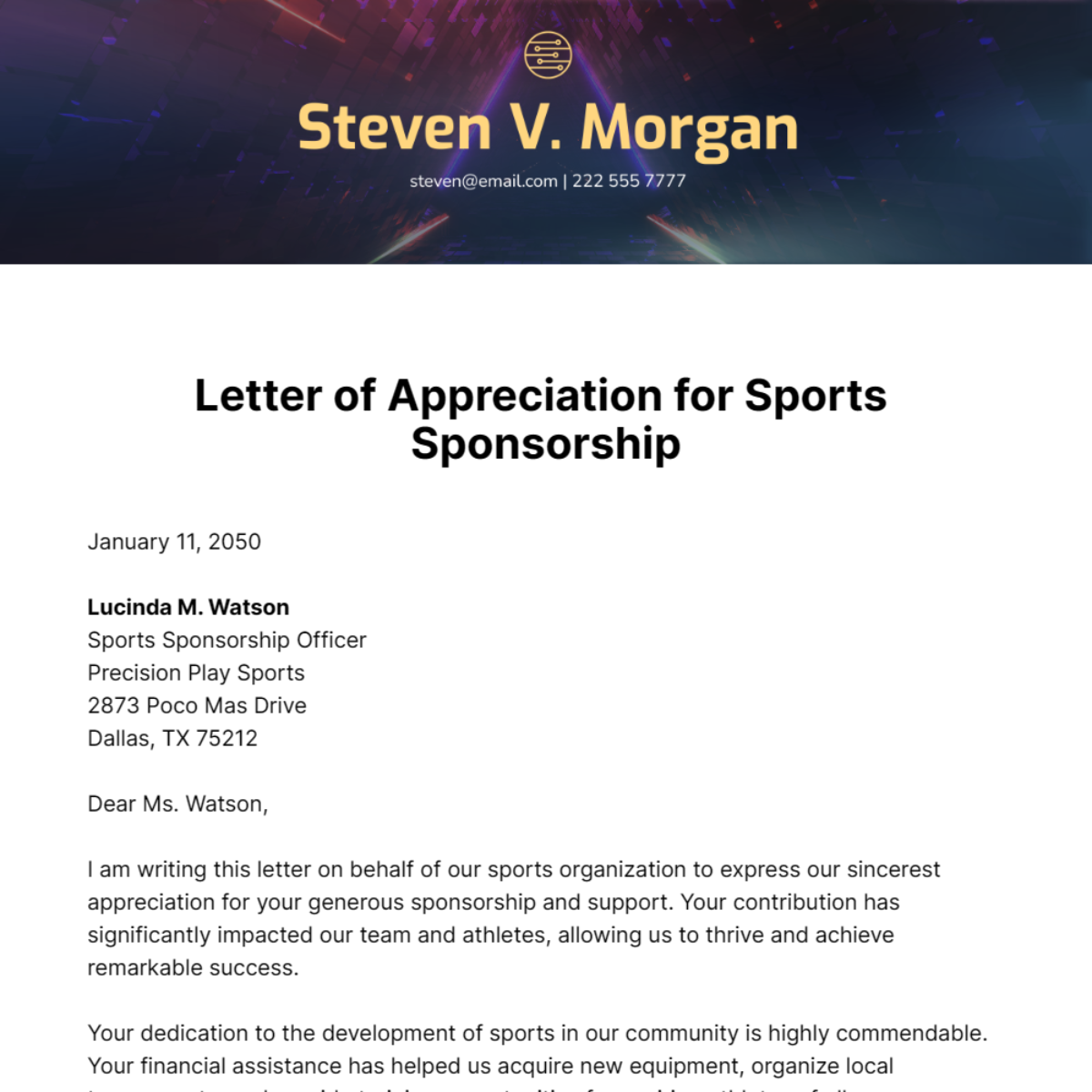 Letter of Appreciation for Sports Sponsorship  Template