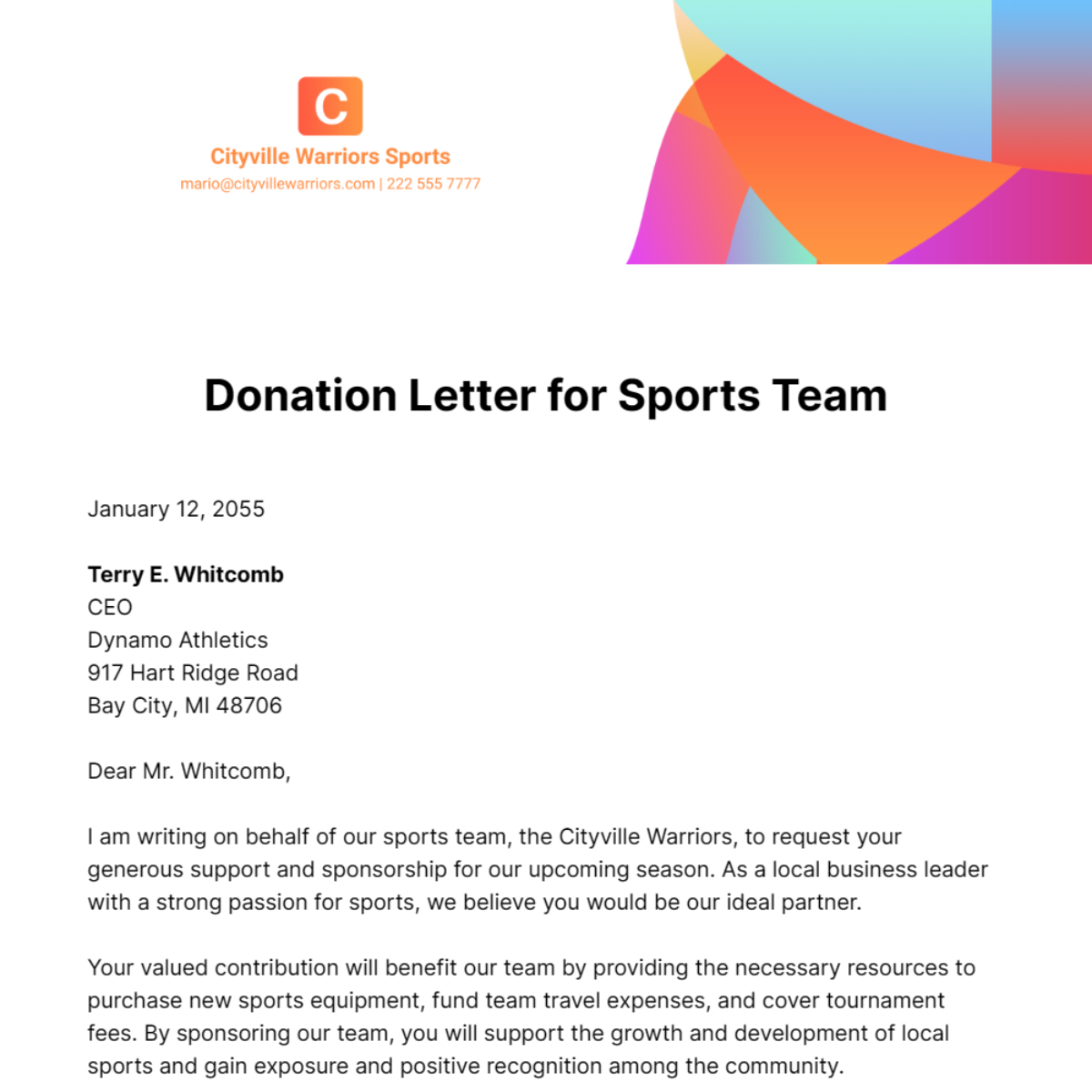 Free Donation Letter for Sports Team Template