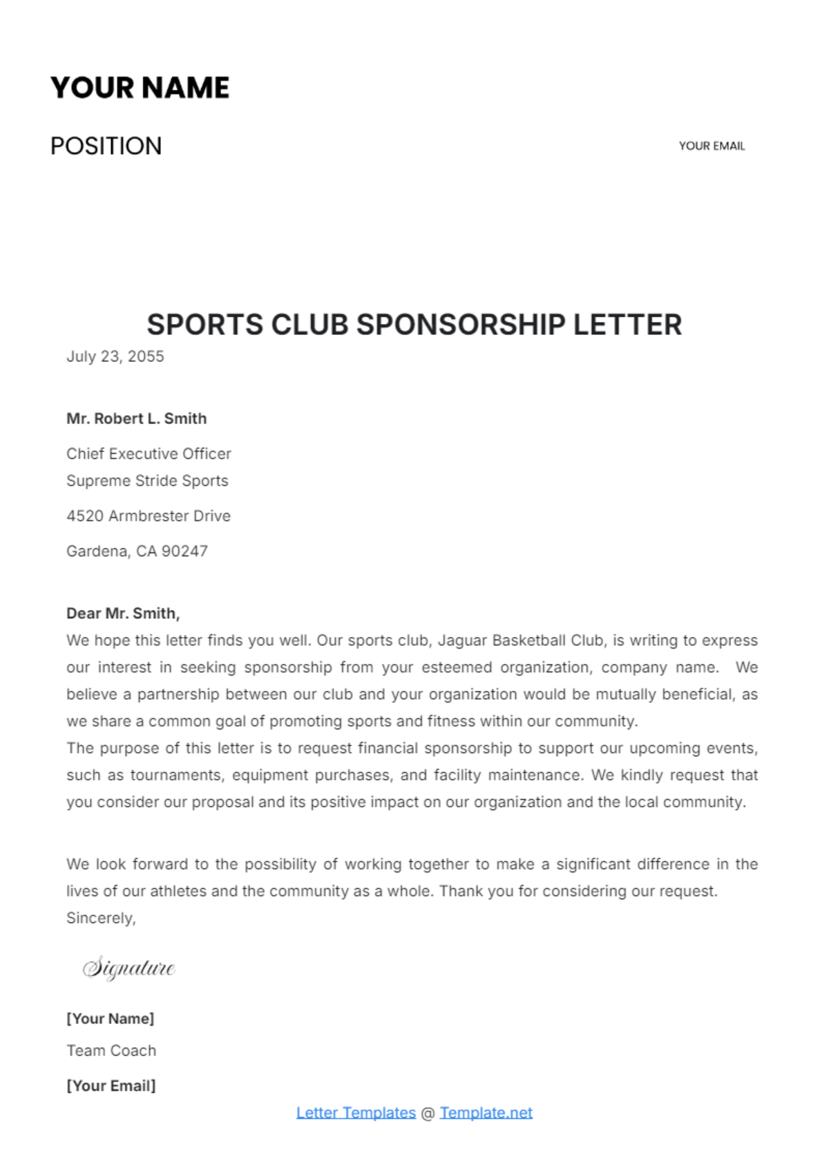 Sports Club Sponsorship Letter Template