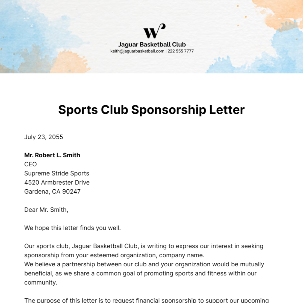 Free Sports Club Sponsorship Letter  Template