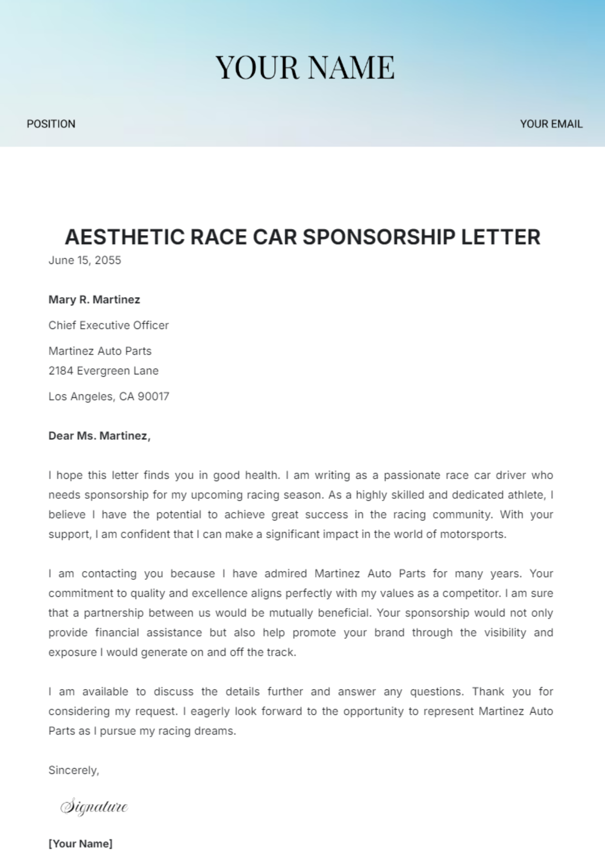 Aesthetic Race Car Sponsorship Letter Template