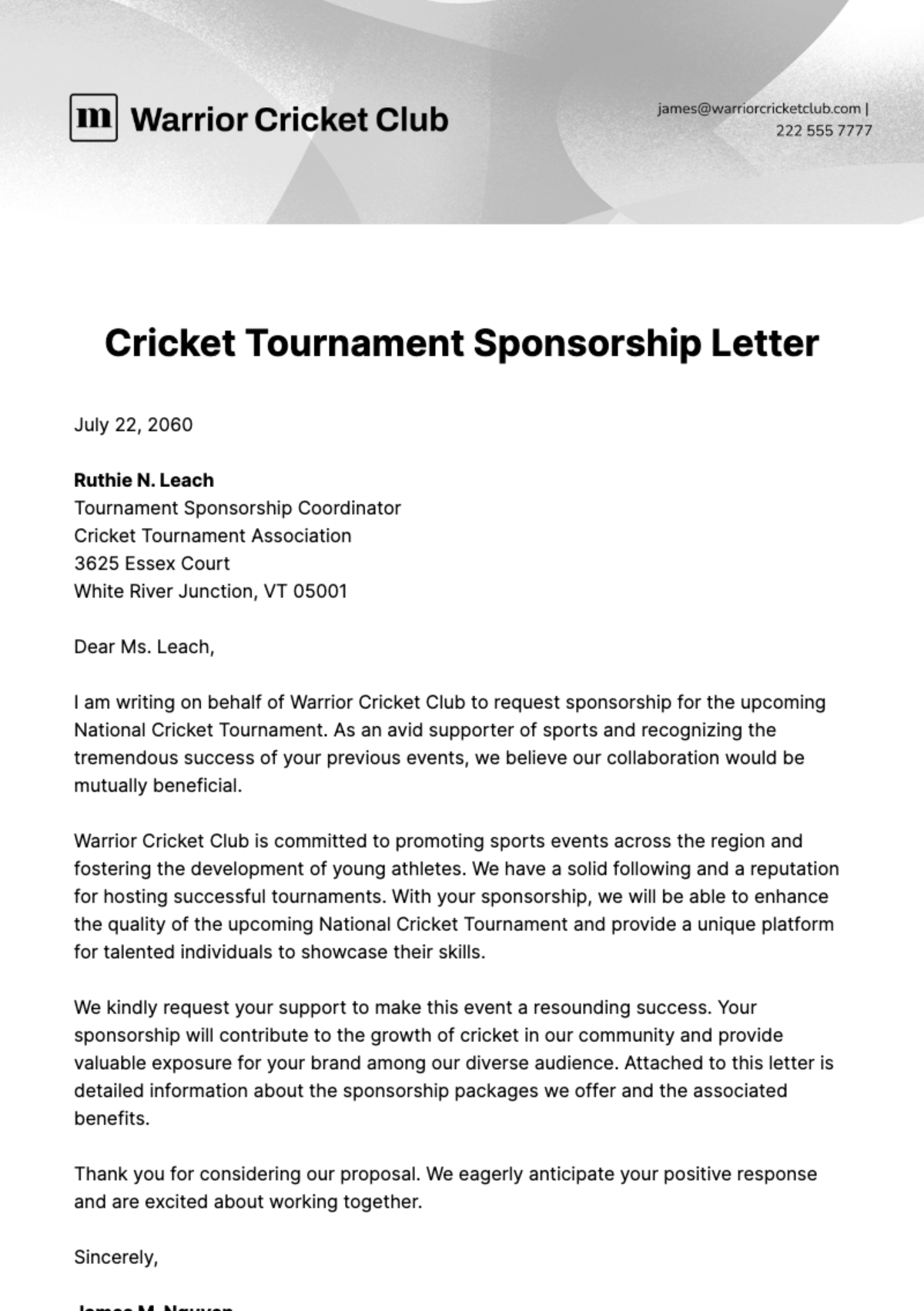 Free Cricket Tournament Sponsorship Letter Template