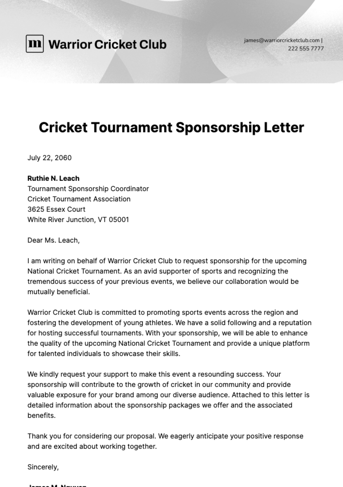 Cricket Tournament Sponsorship Letter Template