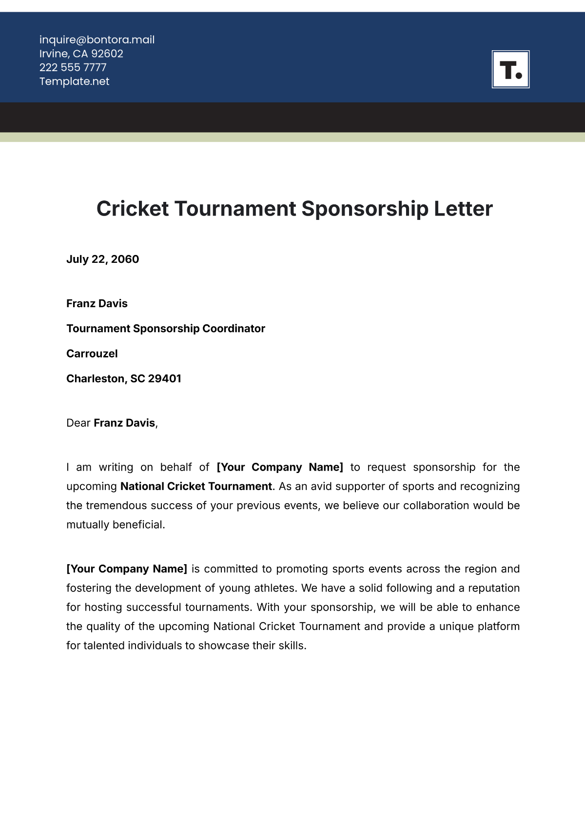 Cricket Tournament Sponsorship Letter Template - Edit Online & Download