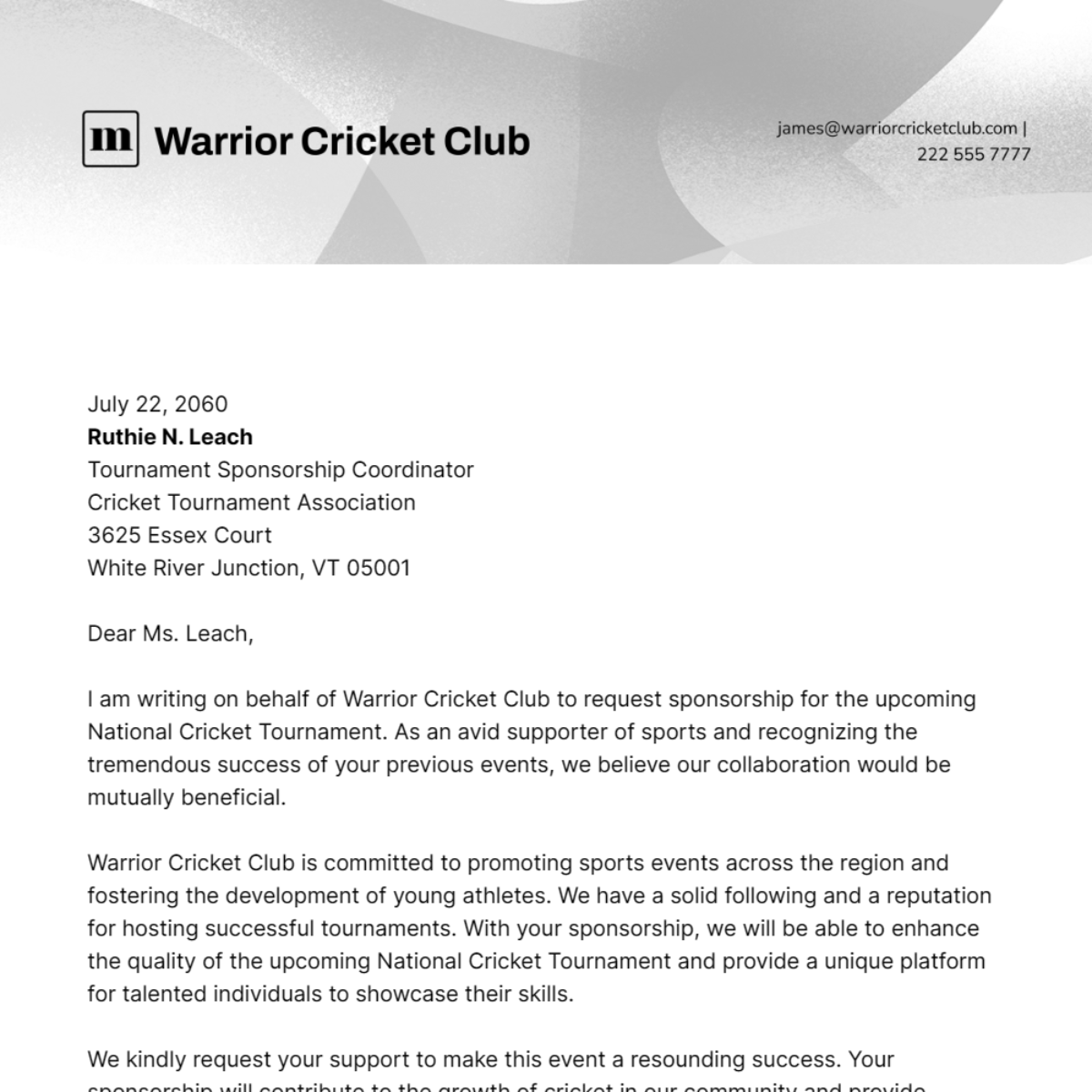 Cricket Tournament Sponsorship Letter Template