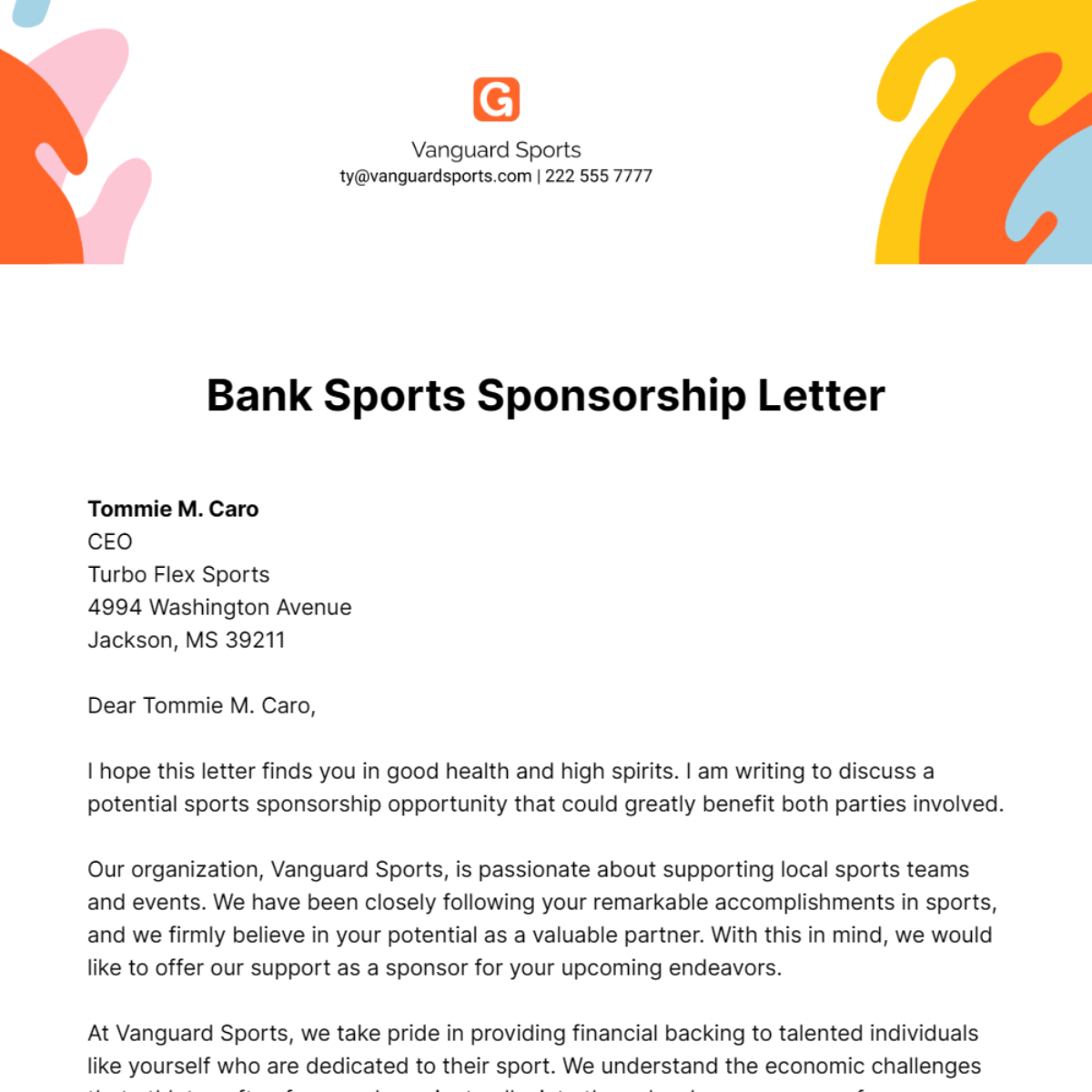Free Bank Sports Sponsorship Letter Template