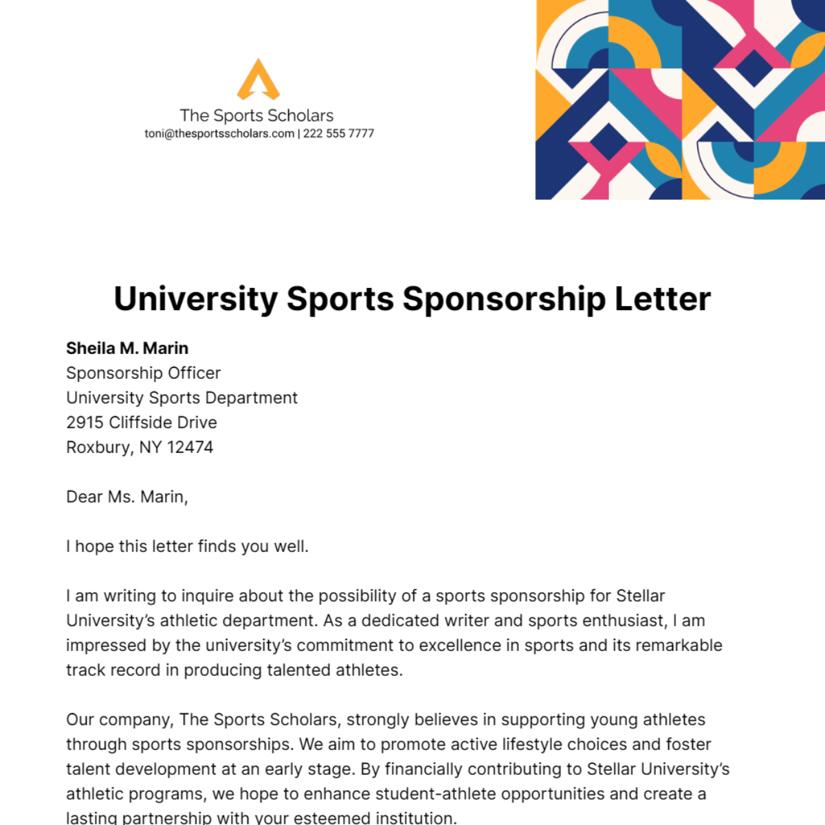 Free University Sports Sponsorship Letter  Template