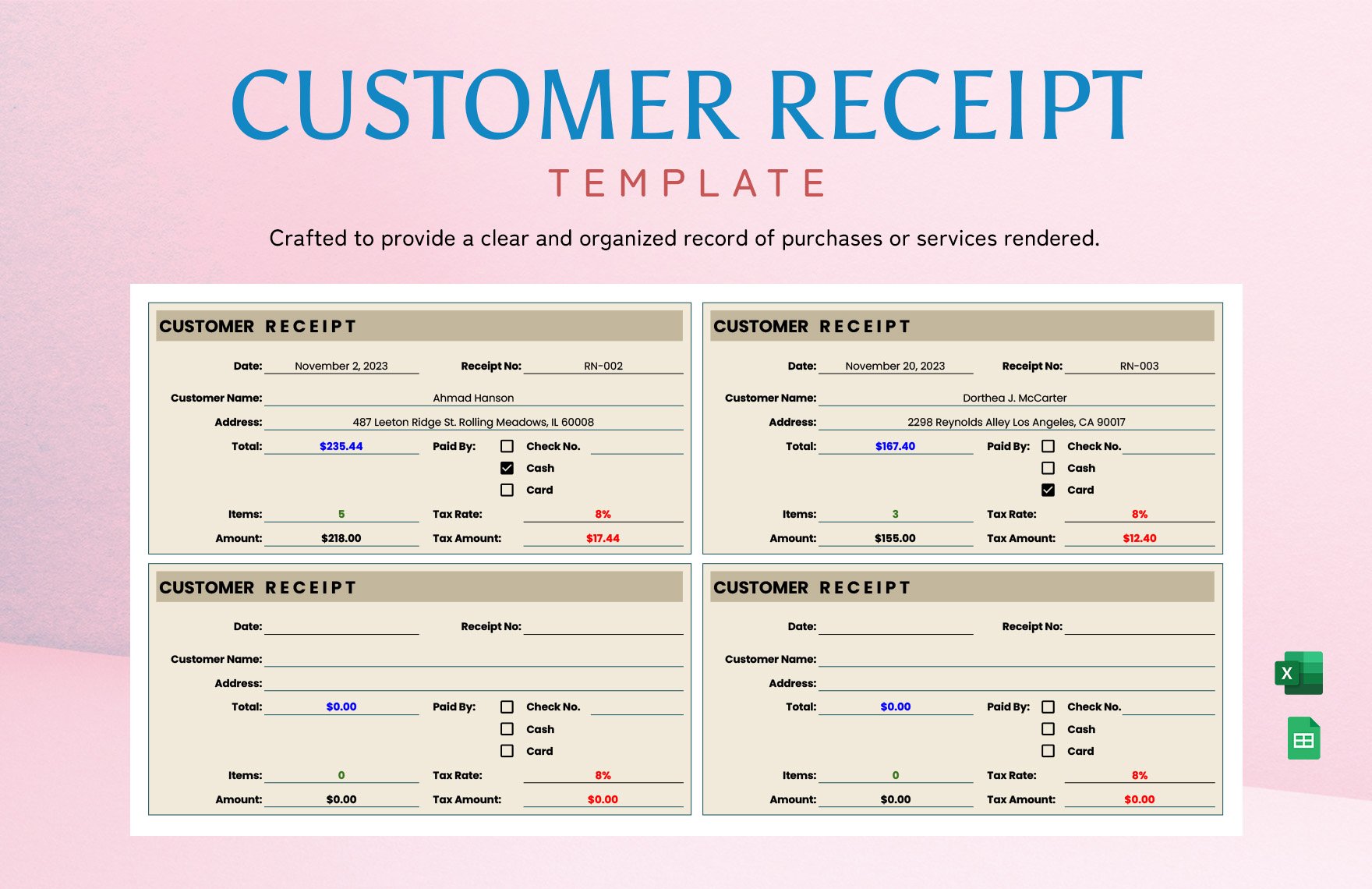 Customer Receipt Template in Excel, Google Sheets