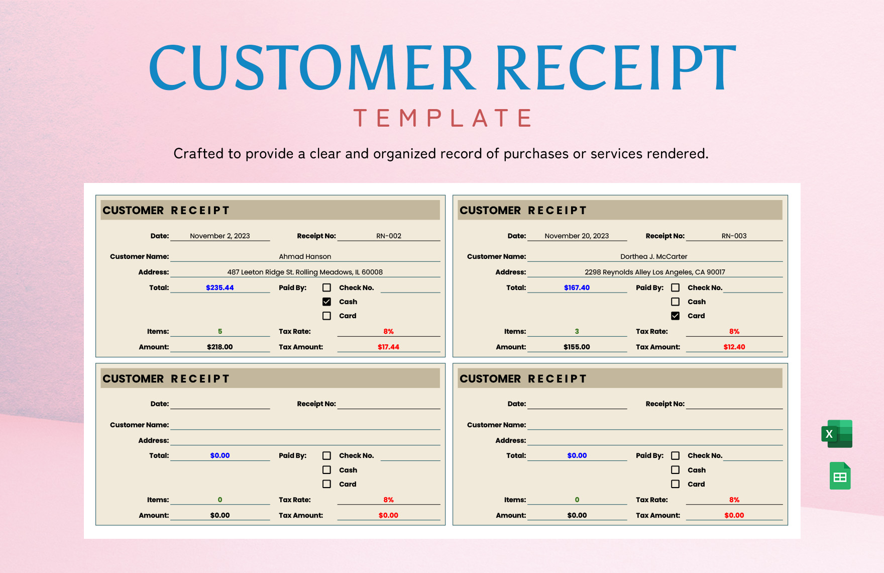 Customer Receipt Template in Excel, Google Sheets - Download | Template.net