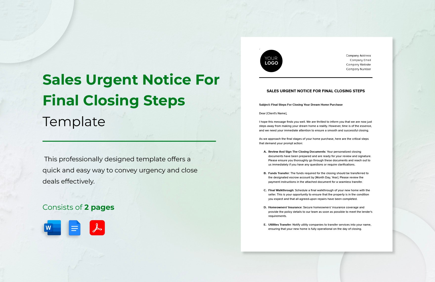 Sales Urgent Notice for Final Closing Steps Template in Word, Google Docs, PDF