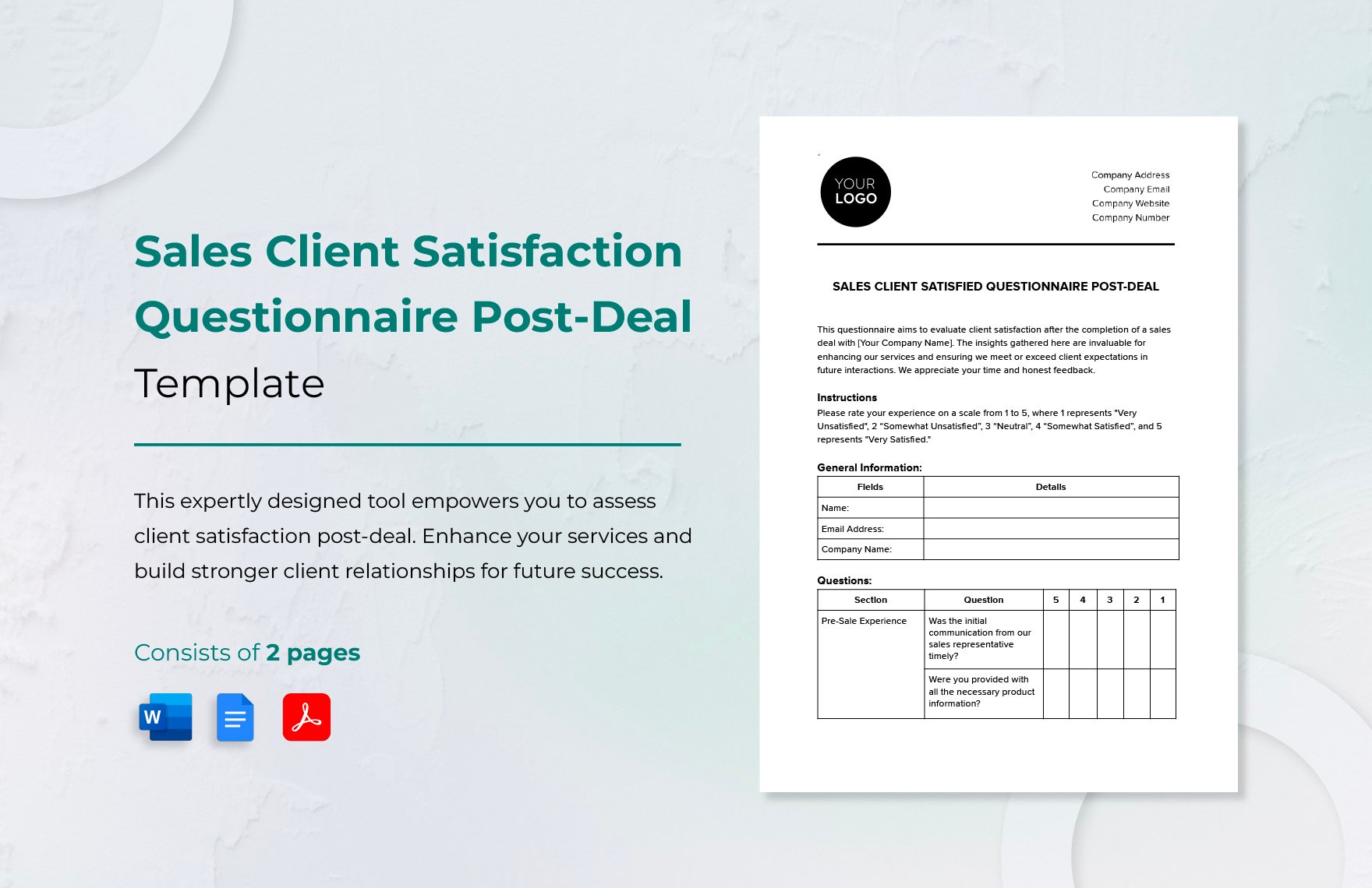 Sales Client Satisfaction Questionnaire Post-Deal Template in Word, Google Docs, PDF