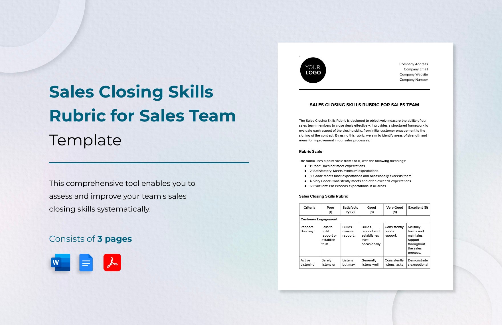 Sales Closing Skills Rubric for Sales Team Template in Word, Google Docs, PDF