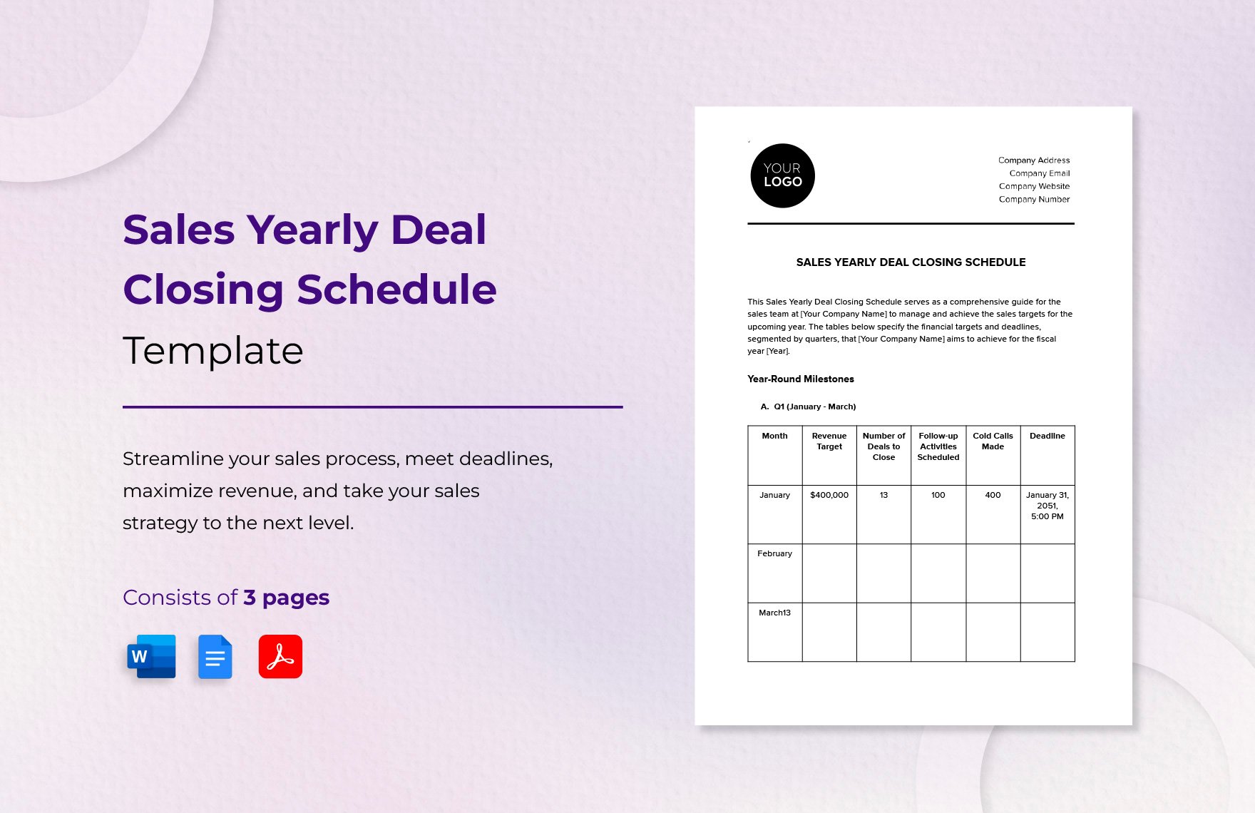 Sales Yearly Deal Closing Schedule Template in Word, Google Docs, PDF