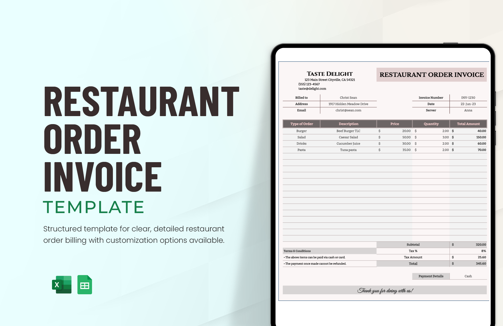 Restaurant Order Invoice Template