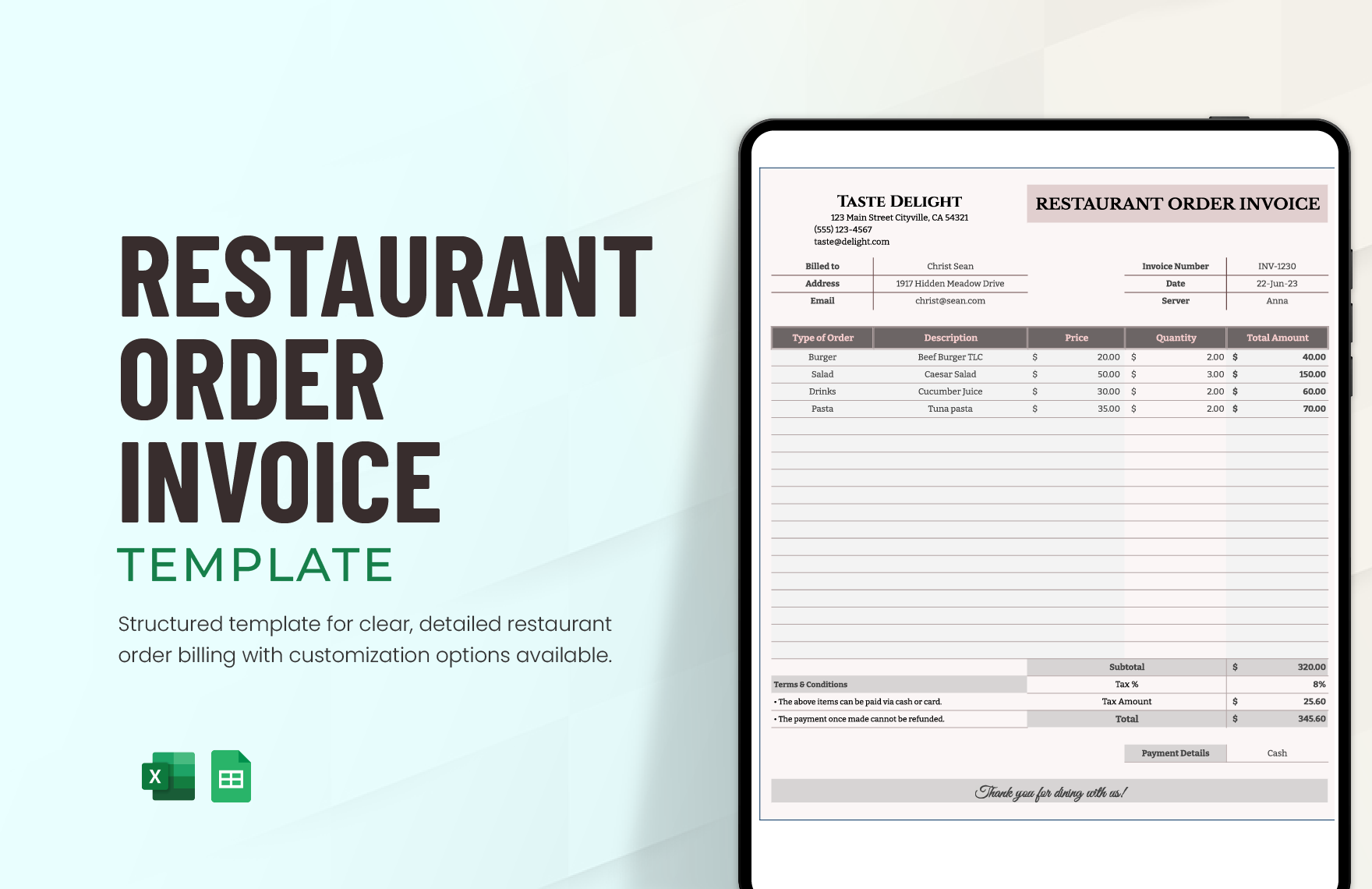 Restaurant Order Invoice Template in Excel, Google Sheets