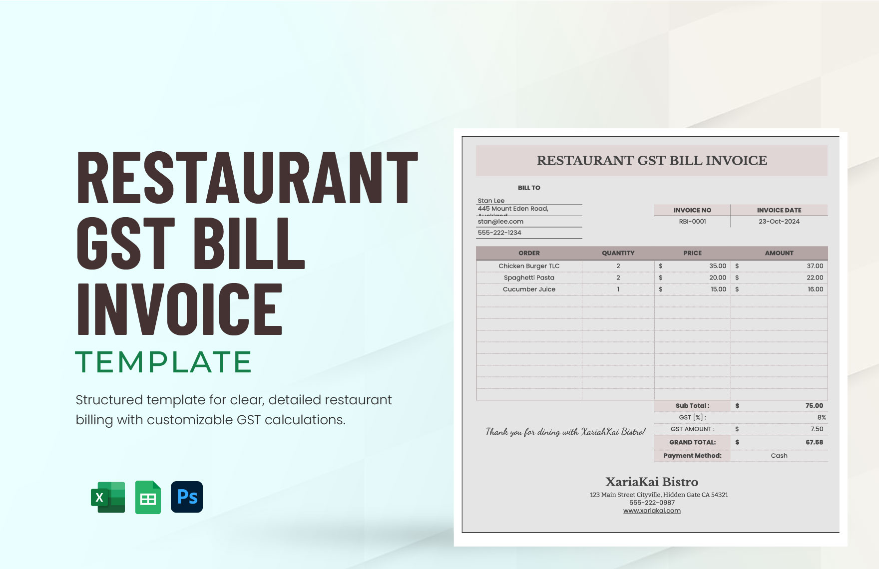 Restaurant GST Bill Invoice Template