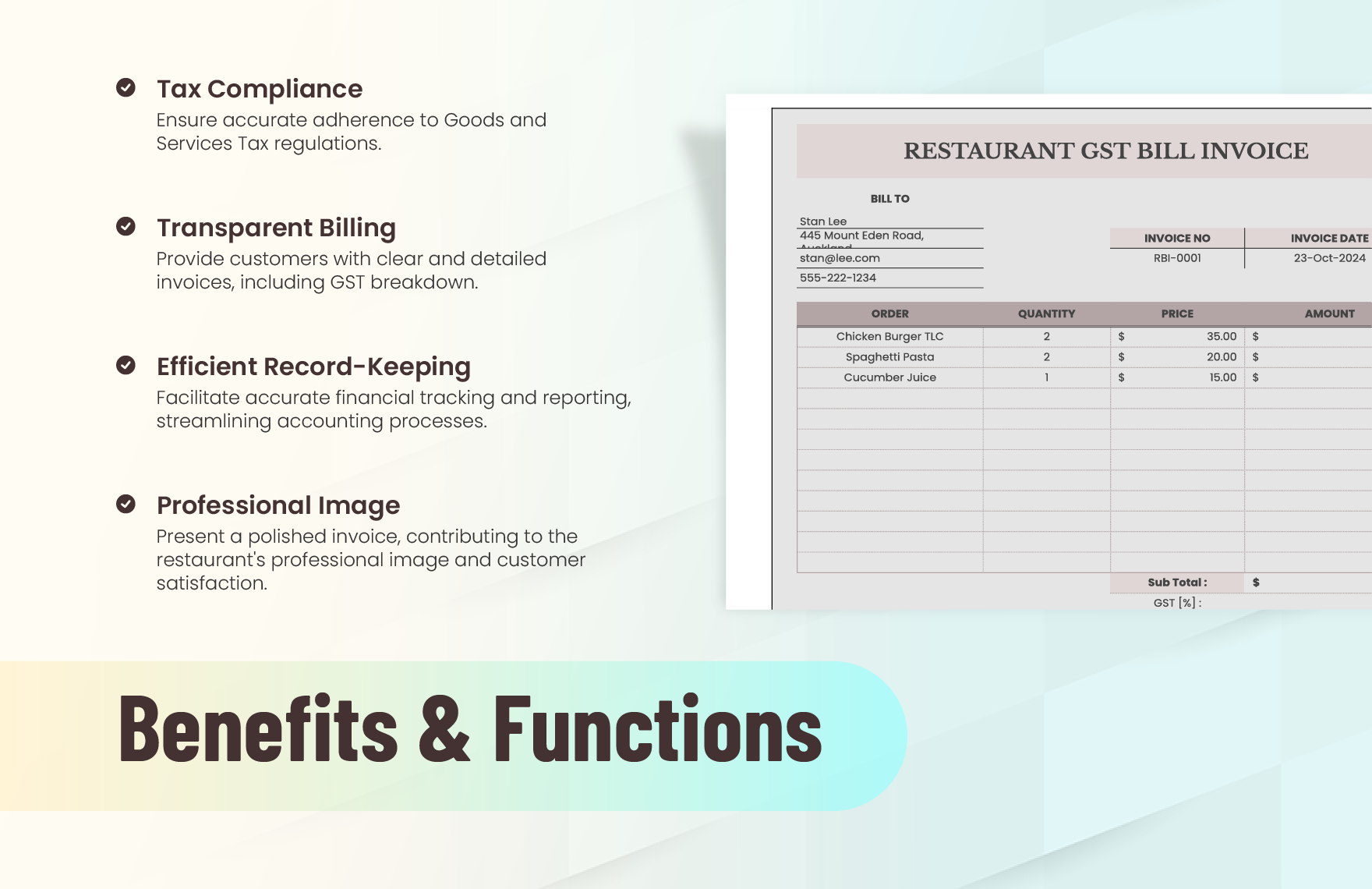 Restaurant GST Bill Invoice Template