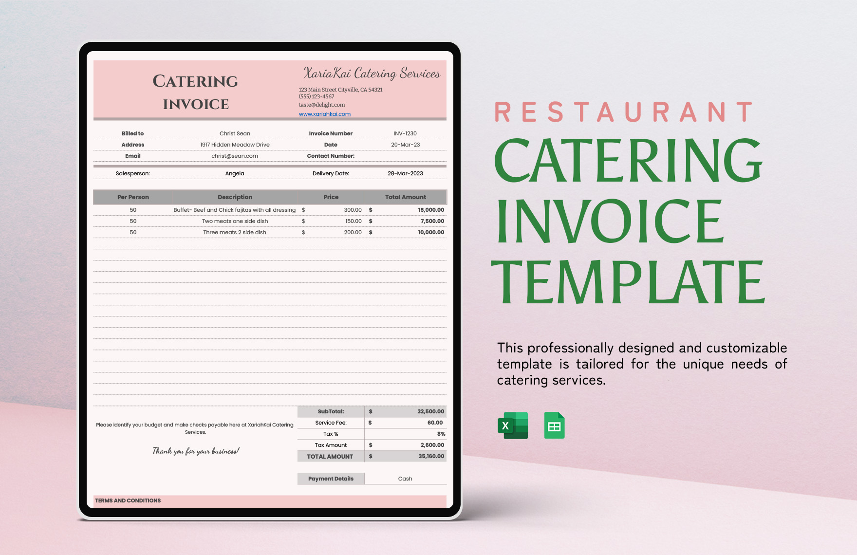 Restaurant Catering Invoice Template in Excel, Google Sheets - Download | Template.net