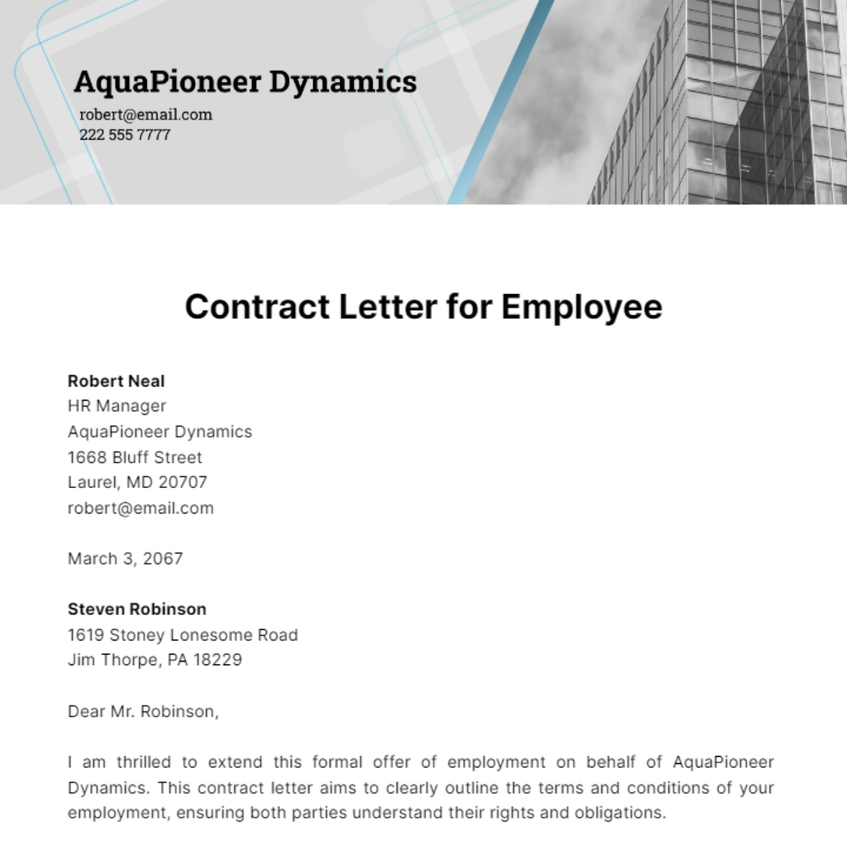 Contract Letter for Employee Template