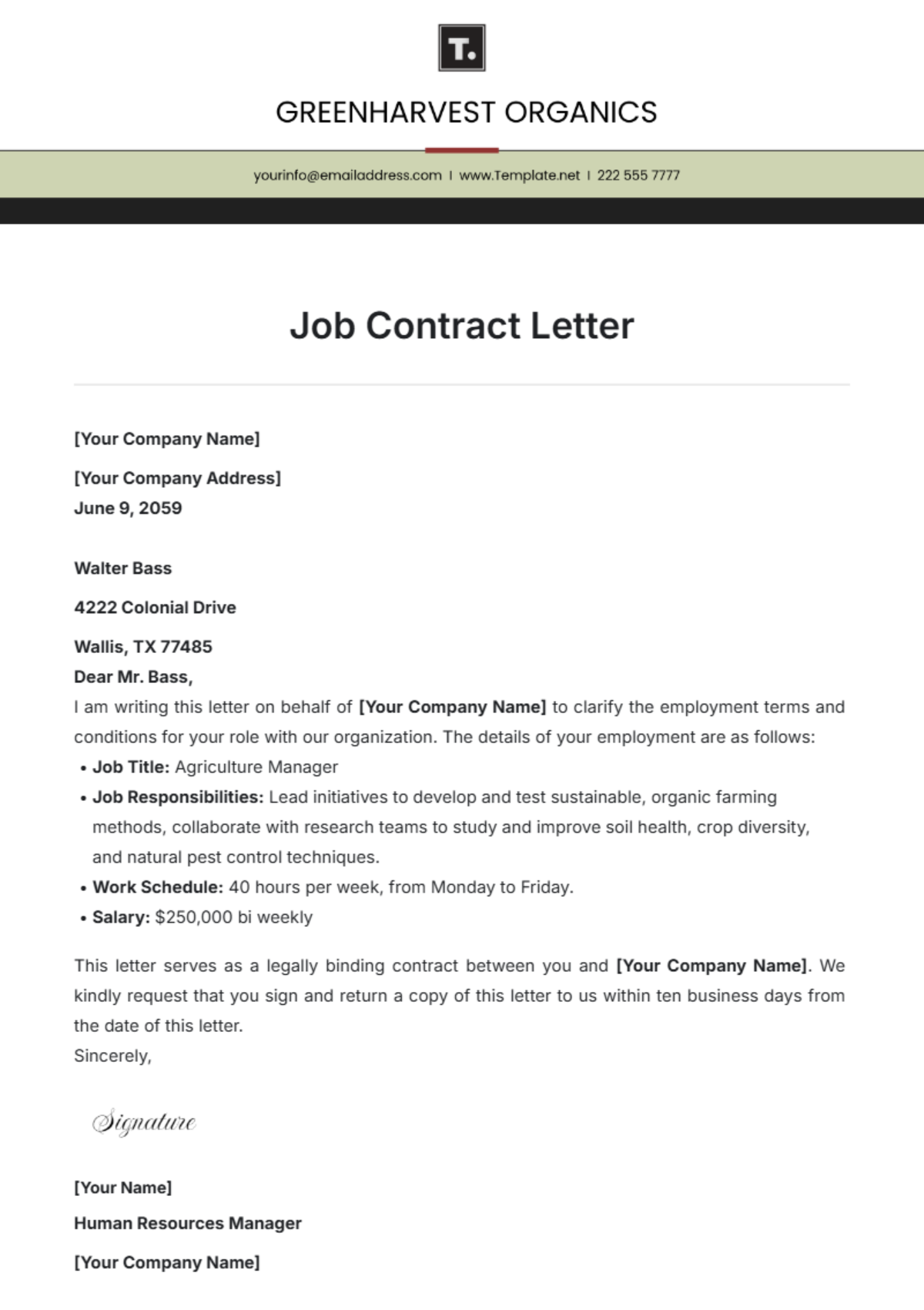 Job Contract Letter Template - Edit Online & Download