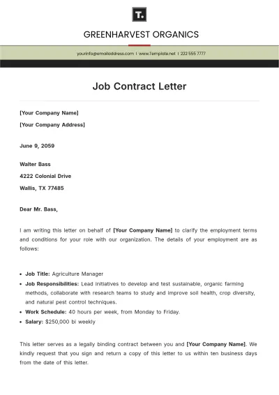 Free Job Contract Letter Template to Edit Online