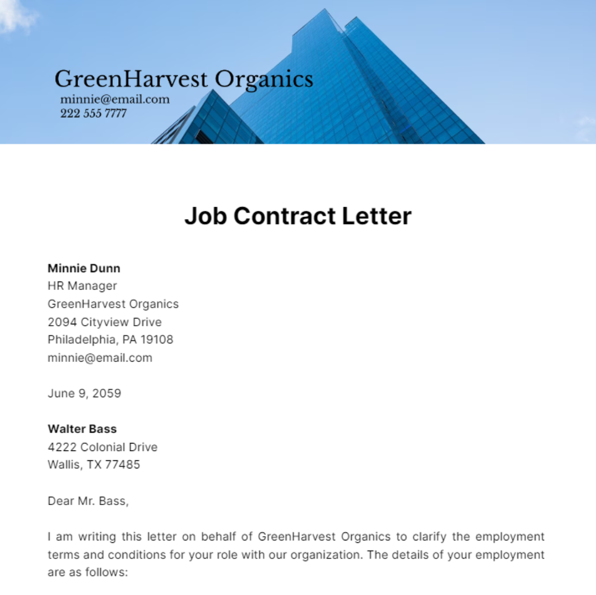 Job Contract Letter Template