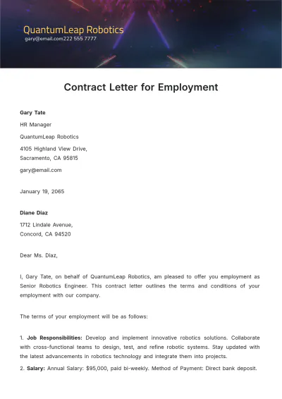 Free Contract Letter for Employment Template to Edit Online