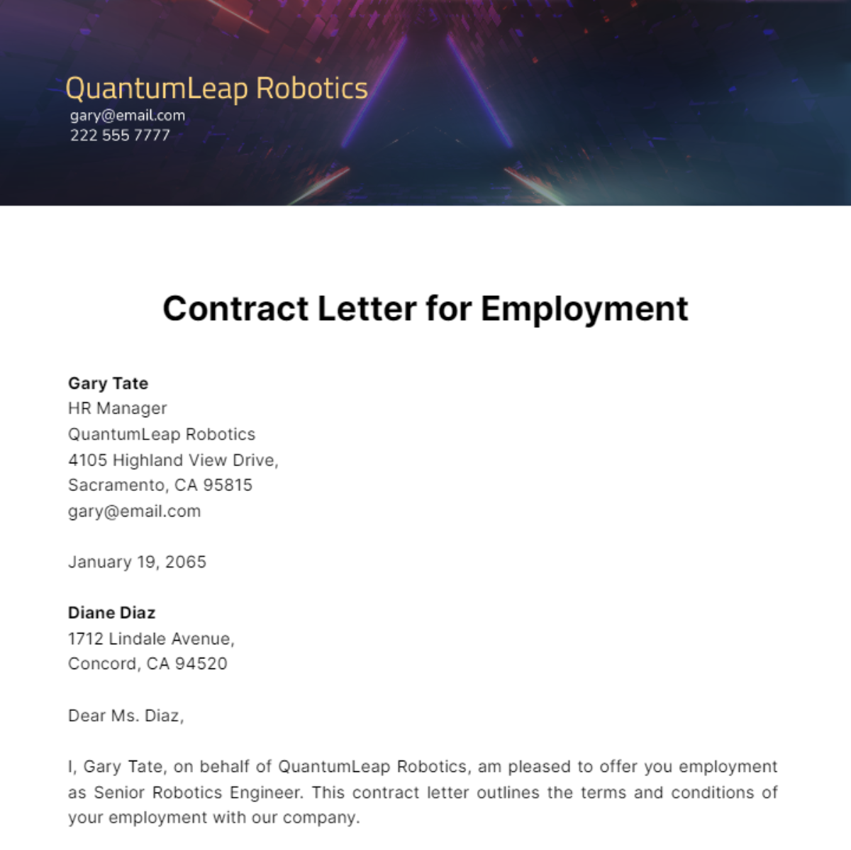 Free Contract Letter for Employment Template