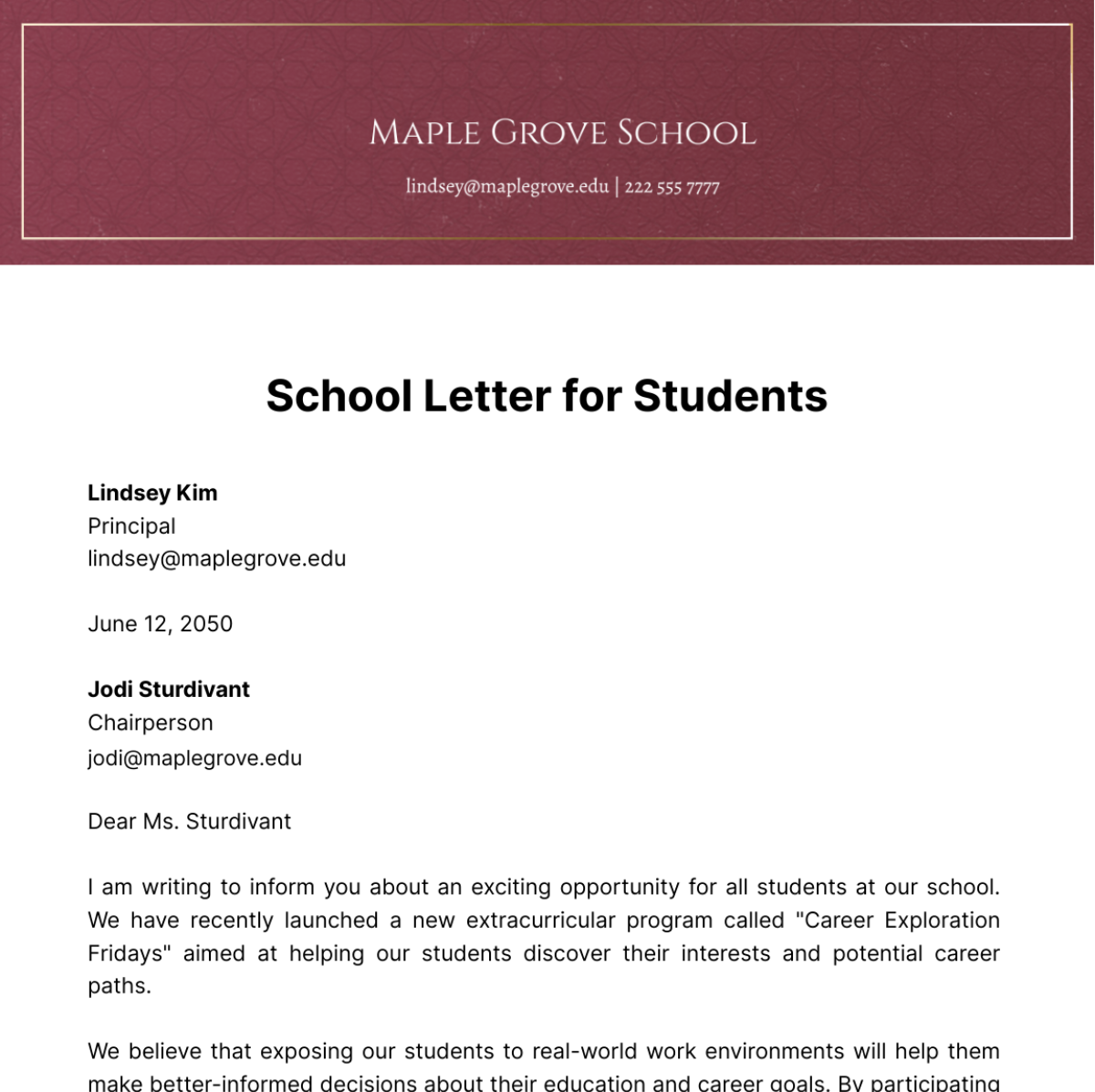 School Letter for Students   Template