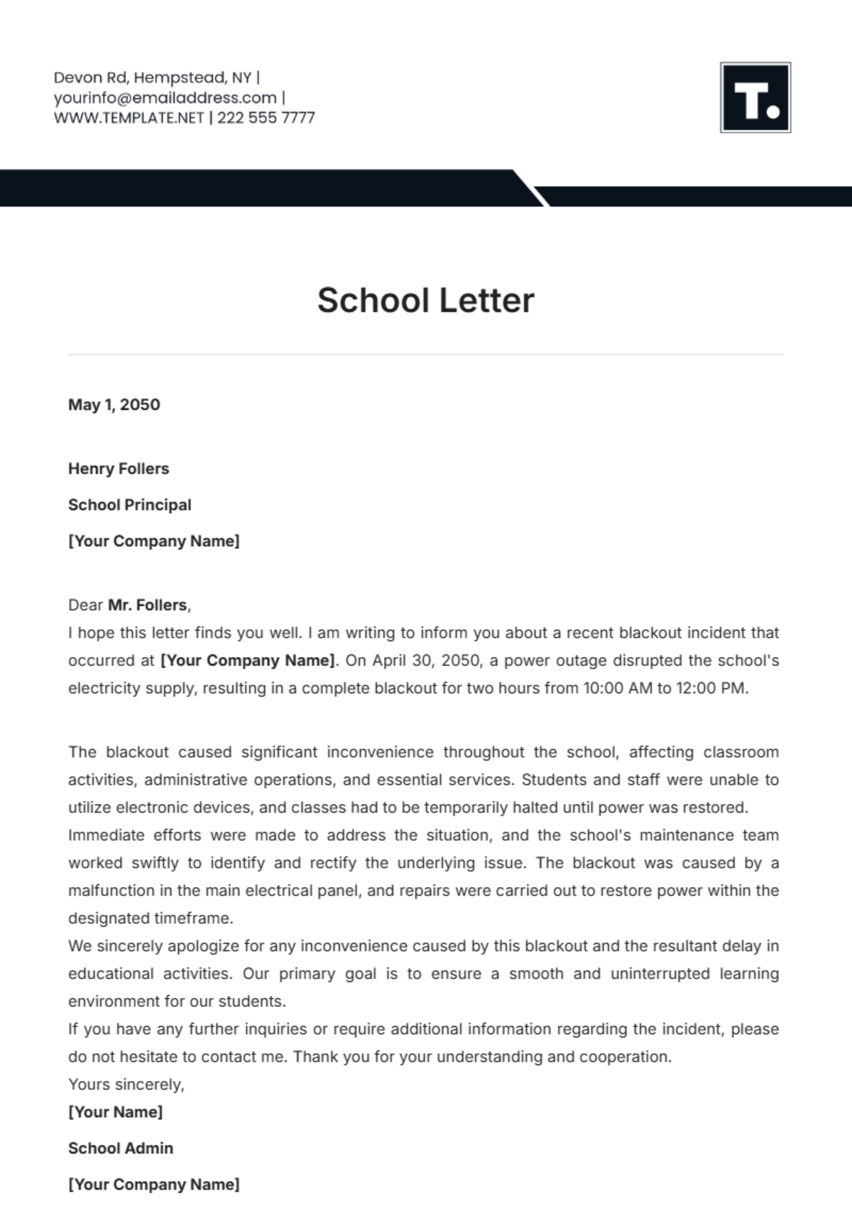 School Letter Template - Edit Online & Download