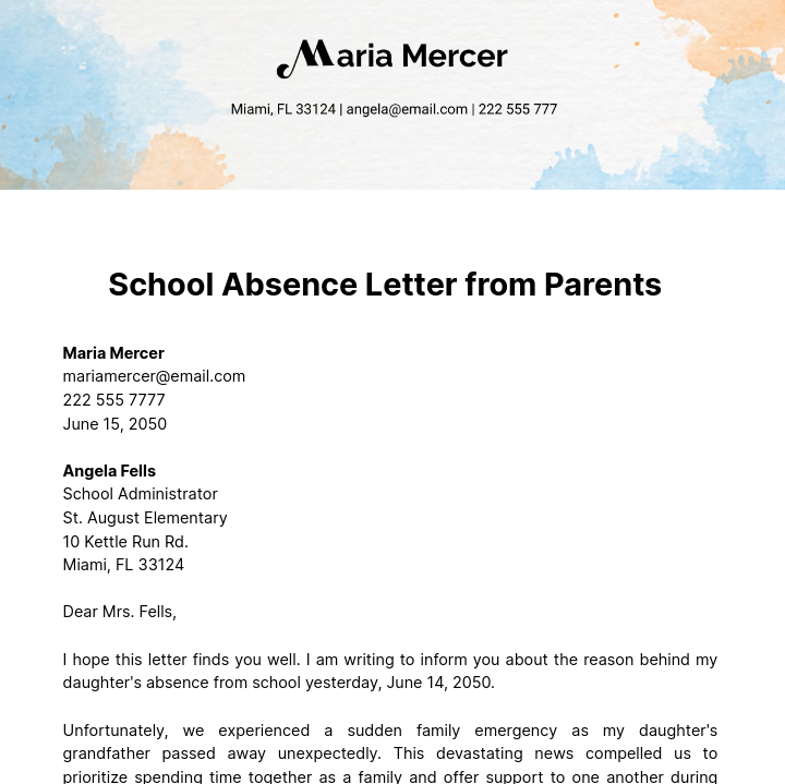 School Absence Letter from Parents   Template