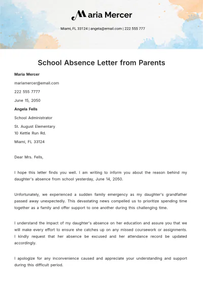 Free School Absence Letter from Parents   Template to Edit Online