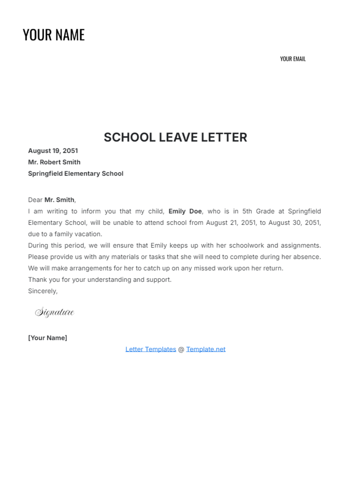 School Leave Letter Template - Edit Online & Download Example ...