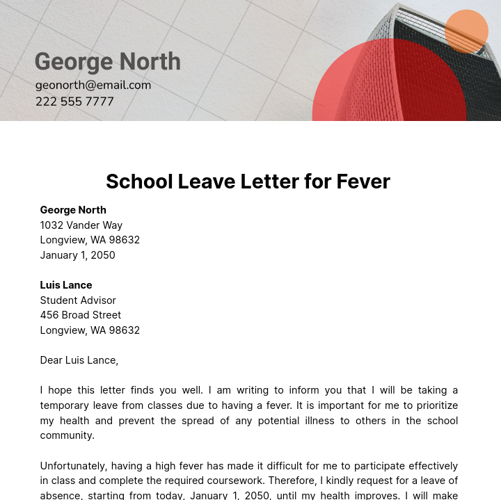 School Leave Letter for Fever   Template