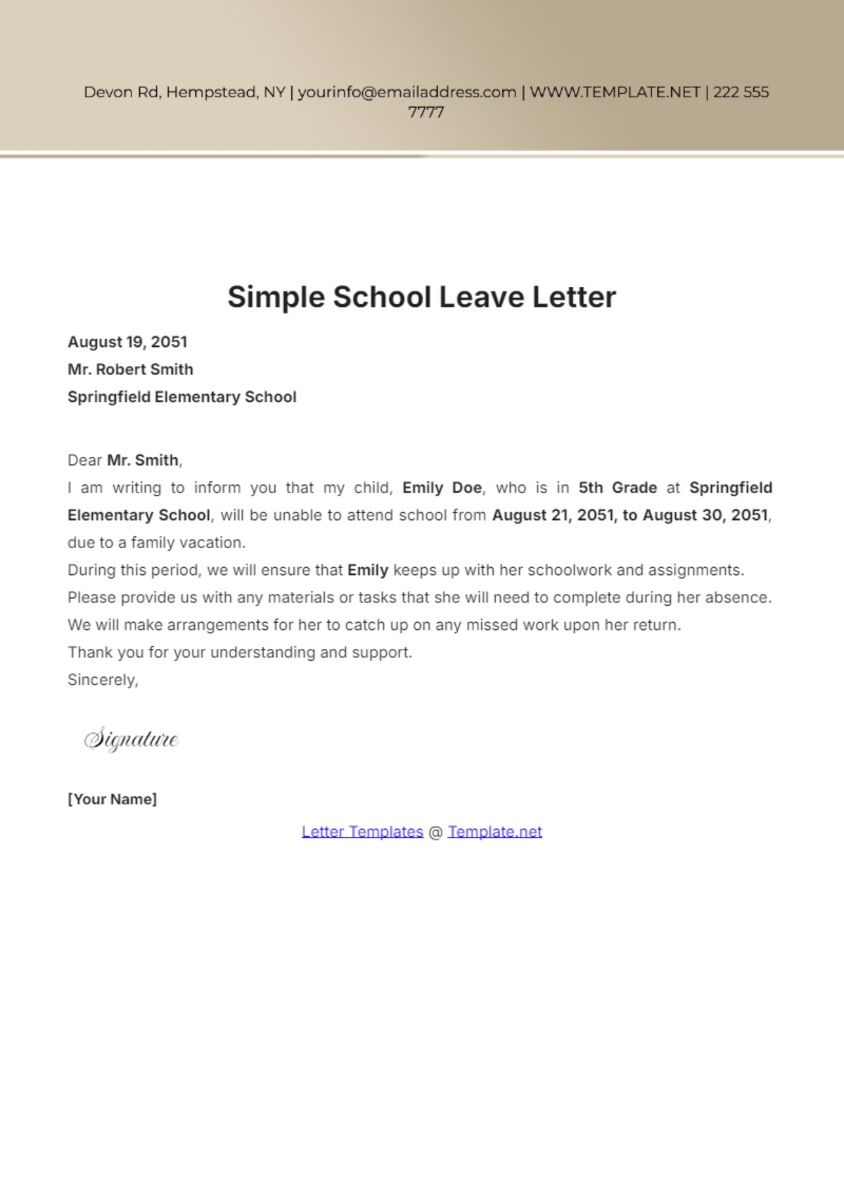 Simple School Leave Letter Template - Edit Online & Download