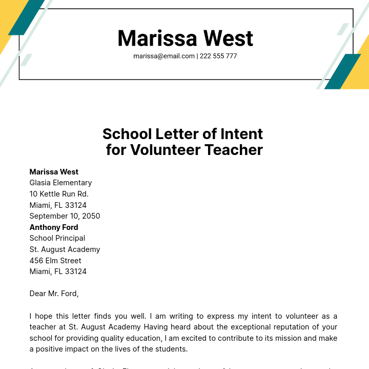 School Letter of Intent for Volunteer Teacher   Template