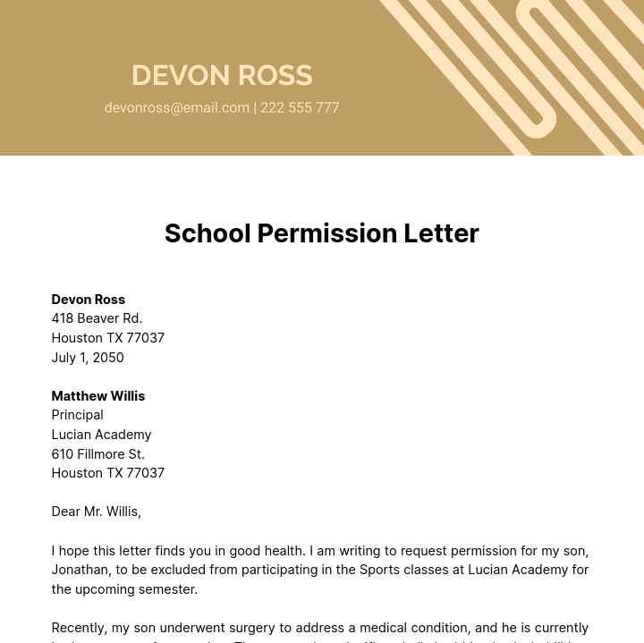 School Permission Letter   Template