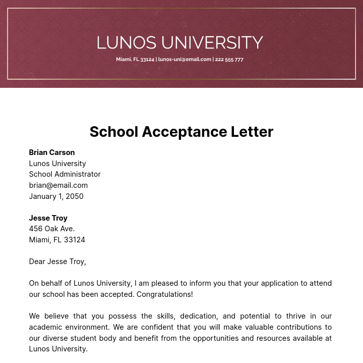 School Acceptance Letter   Template