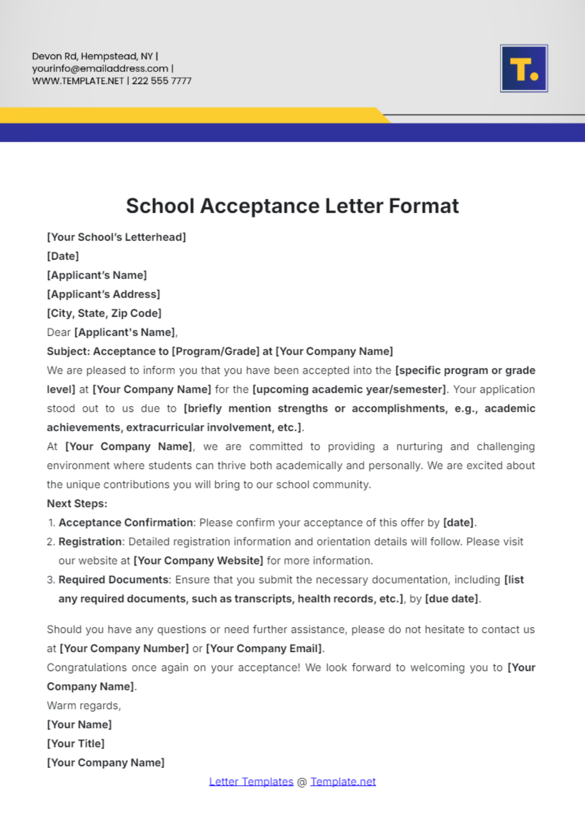 School Acceptance Letter Format - Edit Online & Download