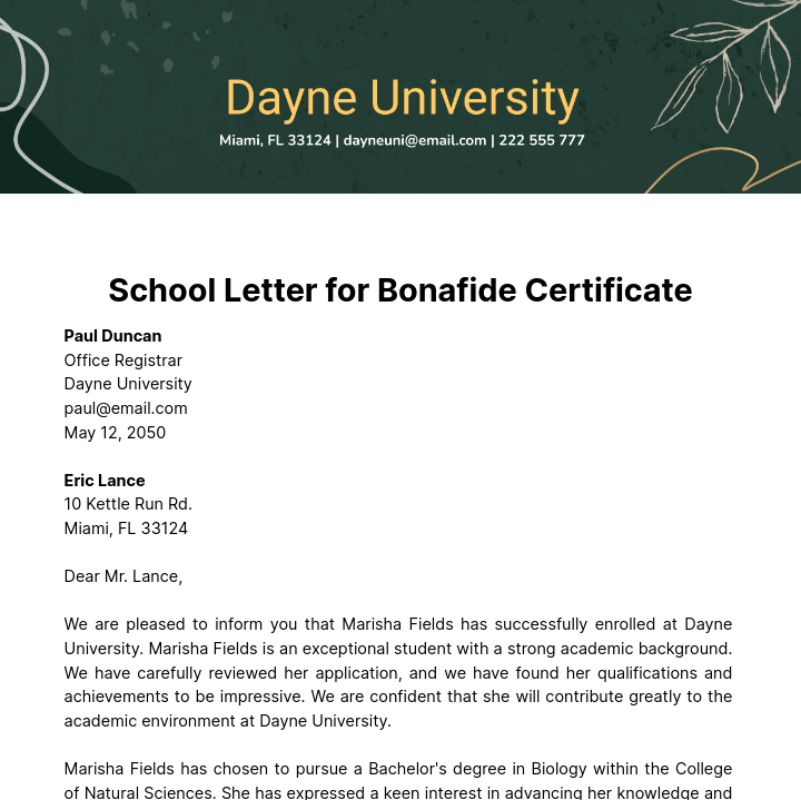 School Letter for Bonafide Certificate   Template