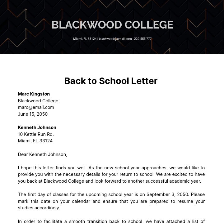 Back to School Letter   Template