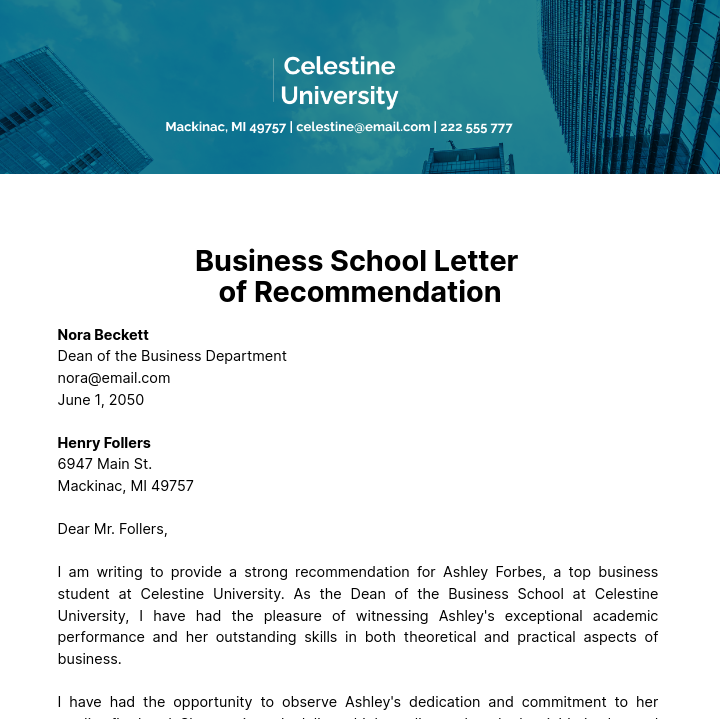 Business School Letter of Recommendation   Template