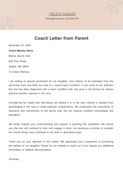 Free Coach Letter from Parent   Template to Edit Online